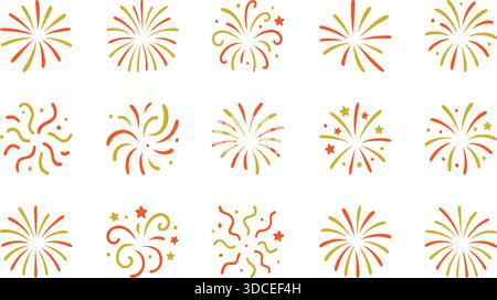 Colorata icona rossa e dorata dei fuochi d'artificio, isolata su sfondo bianco. Elementi festivi per feste, festività e Capodanno Illustrazione Vettoriale