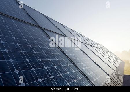 Ampio array di pannelli solari che cattura la luce del sole durante l'alba, simboleggia l'energia rinnovabile pulita, la sostenibilità e la moderna tecnologia ecocompatibile Foto Stock
