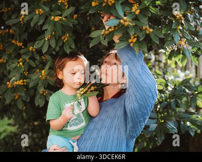 La nonna e il nipote stanno godendo un momento di legame sotto un albero frondoso, raccogliendo ed esaminando le foglie con curiosità e cura, catturando un inter speciale Foto Stock