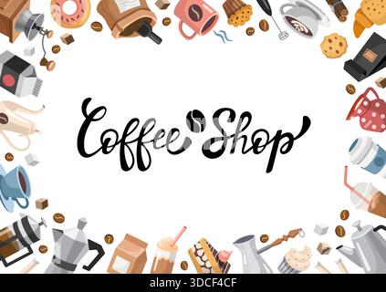Caffè rettangolare, cornice, spazio di copia, modello orizzontale. Design dei cartoni animati disegnati a mano con diversi oggetti a tema caffè. Tipografia Vector Coffee Shop, lettere scritte a mano, calligrafia. Illustrazione Vettoriale