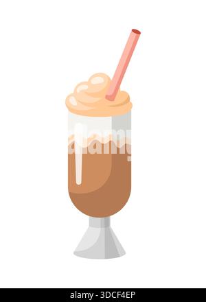 Icona Cartoon Ice Coffee con paglia. Cocktail al latte, cioccolata calda, frappe, frullato in bicchiere isolato su sfondo bianco. Illustrazione vettoriale, design piatto Illustrazione Vettoriale