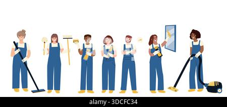 Set di pulitori per cartoni animati. Illustrazione vettoriale isolata. Addetti alle pulizie in uniforme. Cartoni animati donna e uomini di diversa etnia con strumenti di pulizia. Illustrazione Vettoriale