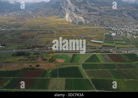 Vista aerea dei campi di vigne e terreni agricoli che incontrano le aspre montagne rocciose, Zermatt, Vallese, Svizzera. Foto Stock