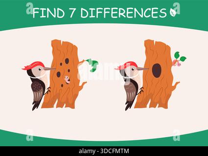 Trova differenze. Giochi educativi e di sviluppo per i bambini per l'attenzione. Picchio divertente su un albero che sembra verme. Pagina bambini ora vettoriale temp Illustrazione Vettoriale