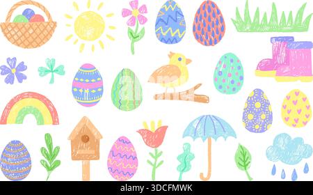 Elementi elastici per disegno pastello. Uova di Pasqua in cesto, uccello, fiori. Disegno decorativo di gesso stagionale, pittura in stile per bambini. Vettore neoterico Illustrazione Vettoriale