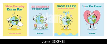 Poster dei personaggi del pianeta Terra. Striscioni di tendenza, carte ecologiche con personaggi divertenti. Ambiente, ecologia, modelli vettoriali neoterici positivi Illustrazione Vettoriale