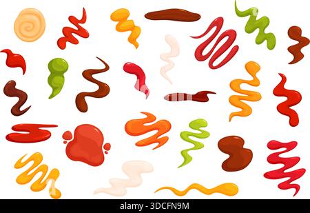 Salse di cartoni animati spruzzi. Salsa, gocce di maionese, ketchup, soia. Panna acida, barbecue e salse alla senape. Condimento gustoso, set vettoriale sapid Illustrazione Vettoriale