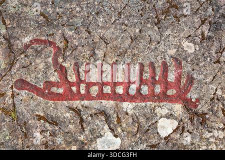 Spedisci figure di petroglifi su una parete rocciosa Foto Stock
