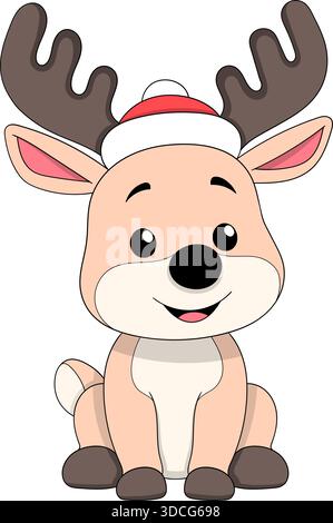 Una simpatica illustrazione di cartoni animati di renne natalizie che indossa un cappello di Babbo Natale con un'espressione amichevole e allegra Illustrazione Vettoriale