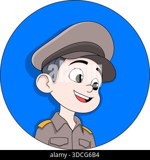 Un simpatico logo dei cartoni animati dell'agente di polizia con un'espressione allegra e uno stile di illustrazione piatto e pulito Illustrazione Vettoriale