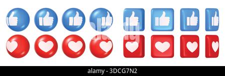 Social media come icona 3D con cuore lucido e pollice in alto per reazione, feedback e valutazione dei social media pulsante rosso e blu lucido. Set isolato vettoriale. Illustrazione Vettoriale
