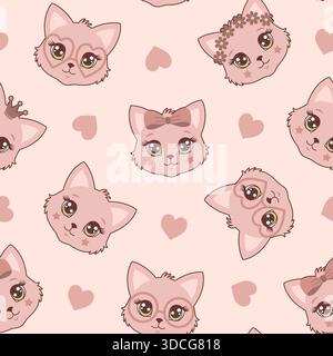 Motivo senza cuciture con simpatici volti di gatto sparsi di cuori Illustrazione Vettoriale