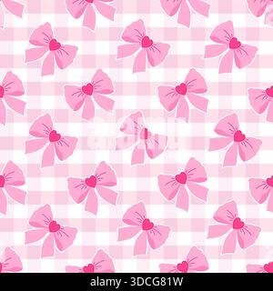Motivo vettoriale a ripetizione senza cuciture con graziosi archi rosa con cuori su sfondo rosa chiaro e a scacchi di colore bianco. Illustrazione Vettoriale