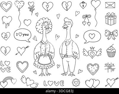Set doodle bianco e nero per San Valentino con coppia di oche cartoni animati, cuori vari, regali, fiocchi. Illustrazione Vettoriale