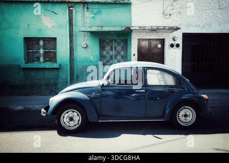 Classico Maggiolino Volkswagen blu scuro parcheggiato in una tranquilla strada urbana di fronte a edifici verdi e bianchi intemprati Foto Stock