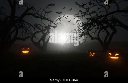 Scena notturna di Halloween con lanterne luminose, luna piena e pipistrelli volanti in una foresta buia. Atmosfera spettrale perfetta per orrore, mistero o au Foto Stock