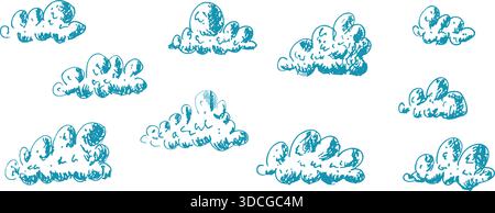 Set per bambini disegnati a mano dalle nuvole. Il doodle d'epoca disegna il cielo blu. Matita a inchiostro retrò con nuvoletta. Raccolta di immagini vettoriali o pastello isolate o Illustrazione Vettoriale