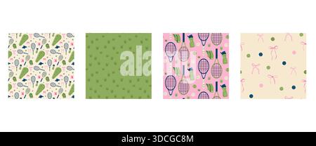 Collezione di fantasie da tennis senza cuciture con fiocco, racchette e palle. Stampa a tema sportivo per avvolgere carta, sfondi o design tessile. Rosa Illustrazione Vettoriale