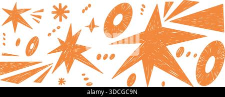 Forma a pastello con stelle disegnate a mano. Pennello pastello arancione cosmo figure geometriche, stella, triangoli, scintille. Divertenti adesivi per comete doodle, bambini Illustrazione Vettoriale