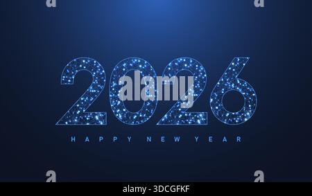 Modello di poster natalizio 2026 nello stile delle nuove cifre della tecnologia elettronica. Banner digitale tecnologico o intestazione Capodanno 2026. Anno nuovo, buon Illustrazione Vettoriale