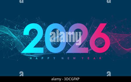 Modello di poster natalizio 2026 nello stile delle nuove cifre della tecnologia elettronica. Banner digitale tecnologico o intestazione Capodanno 2026. Anno nuovo, buon Illustrazione Vettoriale