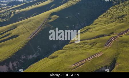Vista aerea delle colline ondulate, ricoperte di vibrante erba verde, scolpite con sentieri, bagnate dalla luce del sole dorato, creando un arazzo di luce e ombra Foto Stock