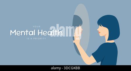 La tua salute mentale è una citazione prioritaria con la donna che guarda in un'illustrazione vettoriale piatta a specchio. Illustrazione Vettoriale