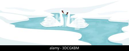Due cigni bianchi coppia su Frozen River Snow Landscape illustrazione Vector minimalista. Illustrazione Vettoriale