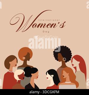 Biglietto d'auguri per la giornata internazionale della donna con un gruppo diversificato di donne in piedi insieme per celebrare l'emancipazione femminile e la sorellanza. Illustrazione Vettoriale