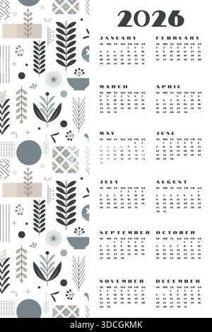 Calendario verticale 2026 anni Planner in stile scandinavo minimalismo. Illustrazione Vettoriale