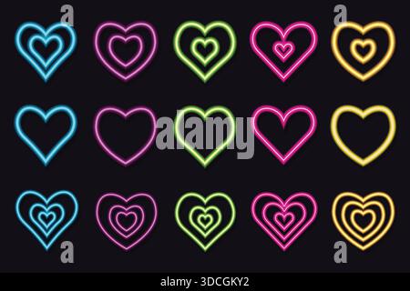 Set di coloratissimi cuori al neon che brillano per San Valentino e il design del matrimonio. Illustrazione Vettoriale