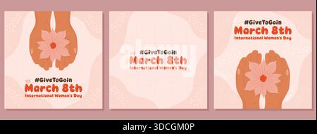 Post sui social media della giornata internazionale delle donne con le mani che tengono fiori e slogan della campagna givetogain. Illustrazione Vettoriale