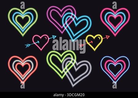 Collezione Neon Heart con simboli luminosi colorati e frecce cupide per San Valentino su sfondo nero. Illustrazione Vettoriale