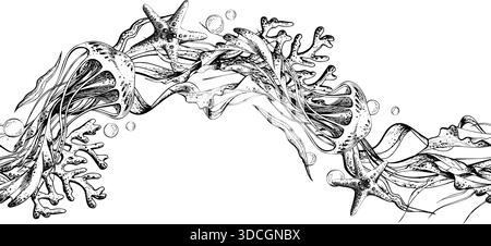 Illustrazione a linee disegnata a mano di vita sottomarina con meduse, stelle marine e corallo design per uno striscione o una decorazione. Senza interruzioni Illustrazione Vettoriale