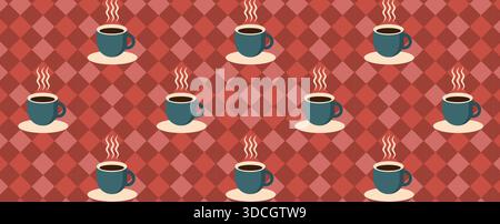 Motivo geometrico senza cuciture a tema caffè in stile Bauhaus. Sfondo mosaico astratto. Icone del caffè, design in linea con forme semplici per caffetterie, pareti e menu'. Illustrazione Vettoriale
