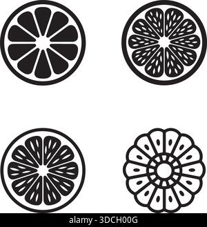 Icone vettoriali per la silhouette della fetta di agrumi Set di disegni rotondi di limone e frutta arancione Illustrazione Vettoriale
