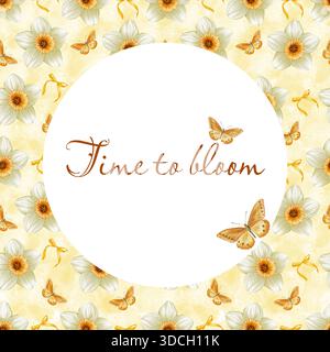Cornice a molla ad acquerello con narcisi, farfalle e nastri bianchi su un morbido sfondo giallo, dipinti a mano in un delicato stile floreale. Foto Stock