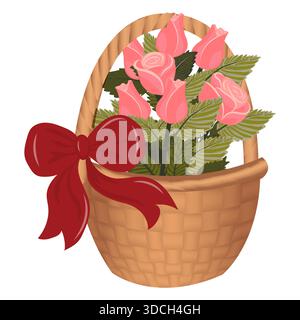 Un bouquet di rose rosa in un cesto legato con un fiocco. Illustrazione vettoriale isolata su sfondo bianco. Illustrazione Vettoriale