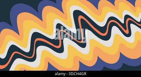 Sfondo ondulato astratto con strati curvi gialli, navy e arancioni in stile psichedelico. Composizione ondulata astratta con linee dinamiche Illustrazione Vettoriale