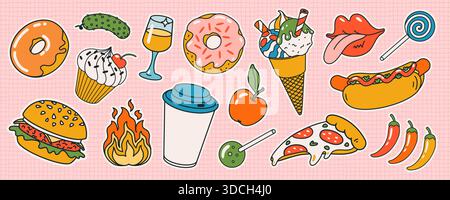 Set di adesivi per lo Street food retrò con ciambelle, hot dog, hamburger, cupcake, pizza, gelato, vino, frutta e caramelle in stile cartoni animati per il divertimento Illustrazione Vettoriale