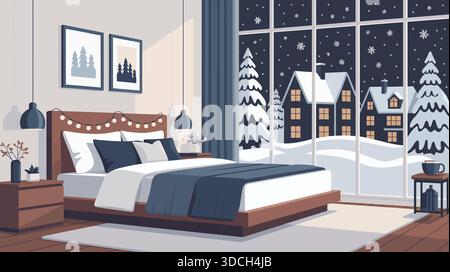 Accogliente camera da letto invernale con vista sul villaggio innevato Illustrazione Vettoriale