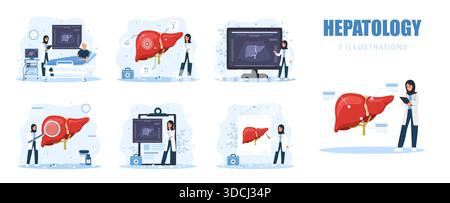 Malattie epatiche e trattamento. Diagnosi medica con medico e paziente in clinica. Illustrazione piatta per il settore sanitario Illustrazione Vettoriale