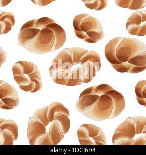 Un motivo ad acquerello senza cuciture con panini rotondi. Fragranti panini dorati per i vostri progetti culinari. Foto Stock