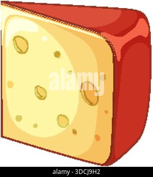 Spicchio di formaggio vettoriale con scorza di cera rossa, interno giallo, stile cartoni animati, contorni netti e audaci Illustrazione Vettoriale