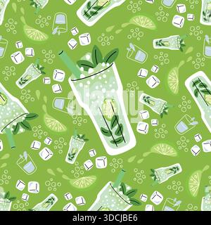 Limonata in grande vetro con fette di lime, foglie di menta e cubetti di ghiaccio senza cuciture. Tazza da cocktail Mojito. Stampa ripetuta. Bibita frizzante fresca dell'estate. R Illustrazione Vettoriale
