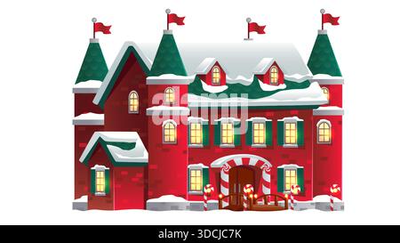 Edificio del castello di Natale con decorazioni invernali innevate. Festoso palazzo rosso con canne di caramelle, finestre luminose e tetti verdi. Casa vacanze Vector - magica fortezza da favola o laboratorio di Babbo Natale. Illustrazione Vettoriale