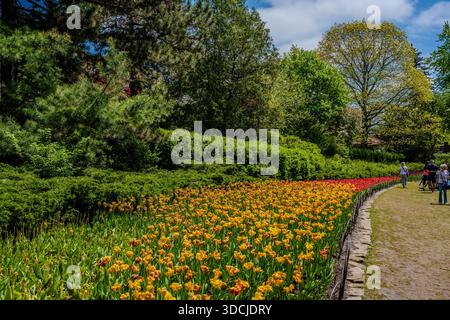 La gente cammina lungo un sentiero accanto a aiuole colorate e alberi verdi in un parco paesaggistico di Ottawa, Canada. Ottawa, Canada - 16 maggio 2024 Foto Stock