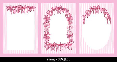 Collezione di carte in stile Girly Coquette. Modelli Vintage disegnati a mano con ghirlande di archi, su sfondo a righe. Decorazioni romantiche per biglietti d'auguri, inviti, matrimoni, San Valentino. Illustrazione Vettoriale