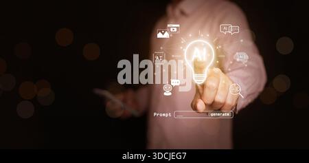 Tecnologia degli strumenti di INTELLIGENZA ARTIFICIALE utilizzata da un uomo con smartphone. Lampadina e icone luminose. Intelligenza artificiale generativa per la creazione di contenuti, chatbot, ima Foto Stock