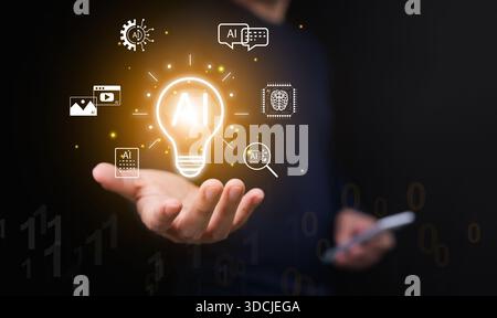 Tecnologia degli strumenti di INTELLIGENZA ARTIFICIALE con lampadina luminosa in mano all'uomo con smartphone. Soluzioni generative di intelligenza artificiale per la creazione di immagini, video, documenti Foto Stock